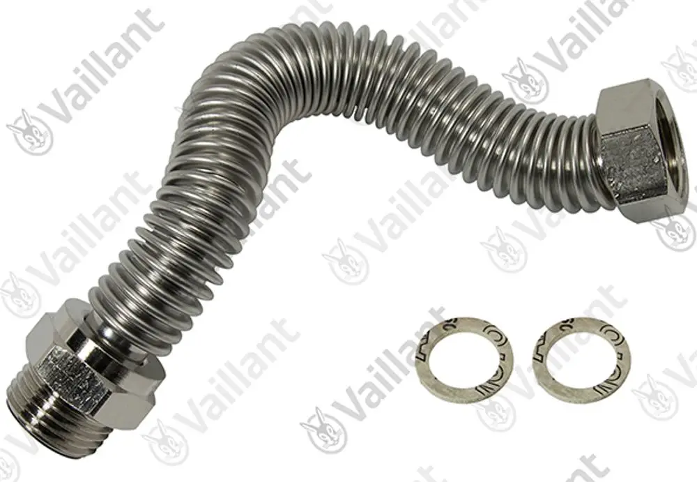 Flexibles Metallrohr mit einem gewundenen Design und zwei Verbindungsteilen, unten mit Gewinde und oben mit einer Mutter, gekennzeichnet mit der Marke Vaillant.